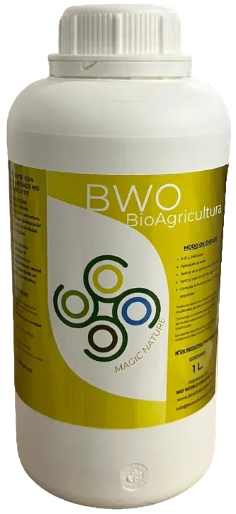 Envase de 1 Litro de BioAgricultura BWO, fertilizante de microorganismos vivos para agricultura de precisión.